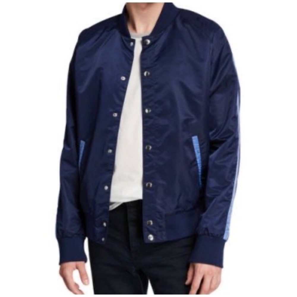 Slate & Stone Mens Navy Blue Nylon Bomber Jacket Snap Front Stripe Retro Medium